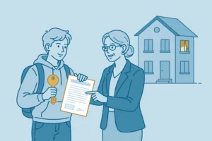 Onderhuurder met sleutel en huurcontract krijgt uitleg van een advocaat, met een woning op de achtergrond.