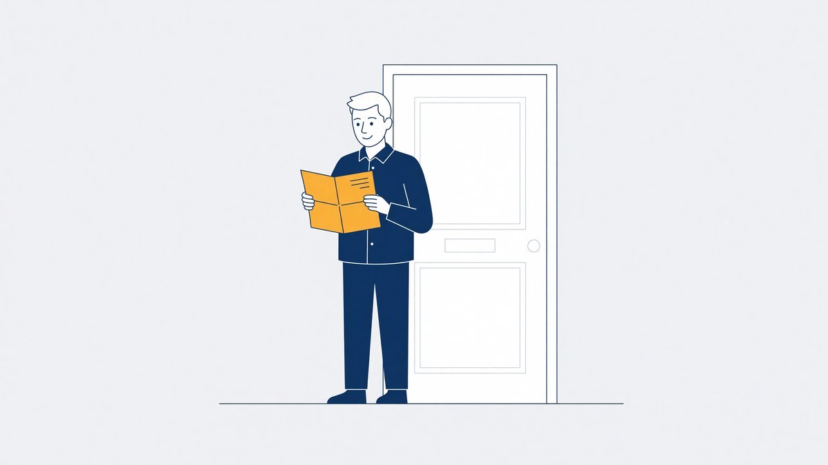 Illustratie bij een ontbiedingsbrief van de politie: man leest de brief bij zijn voordeur