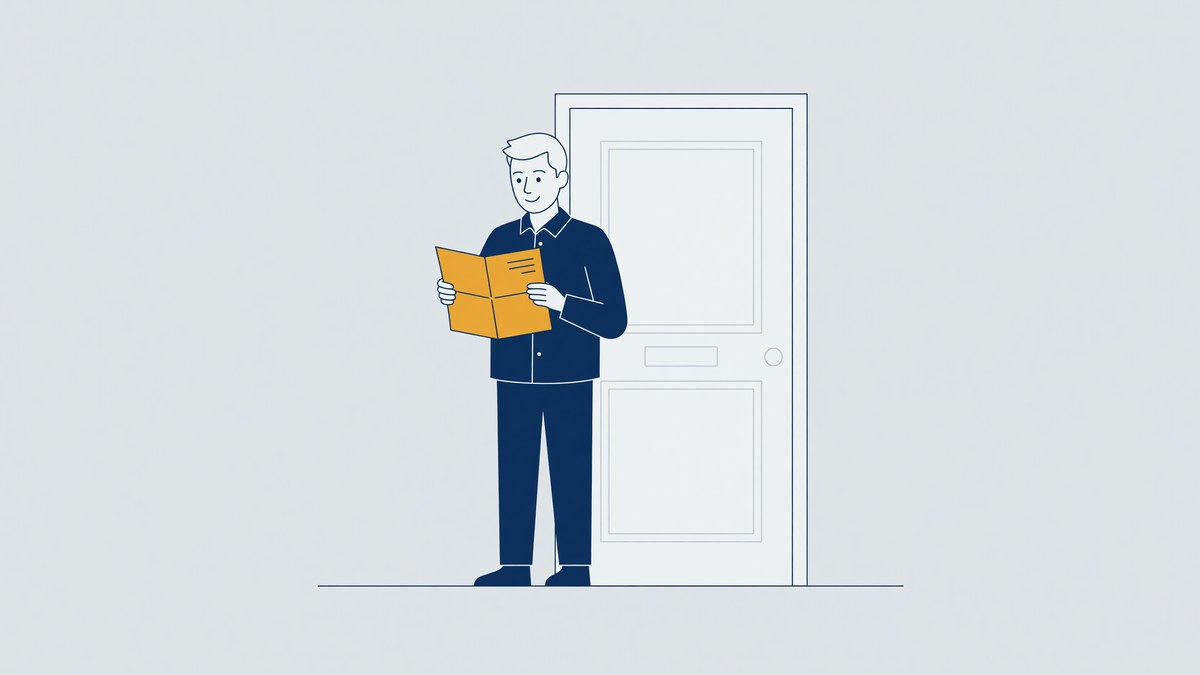 Illustratie bij een ontbiedingsbrief van de politie: man leest de brief bij zijn voordeur