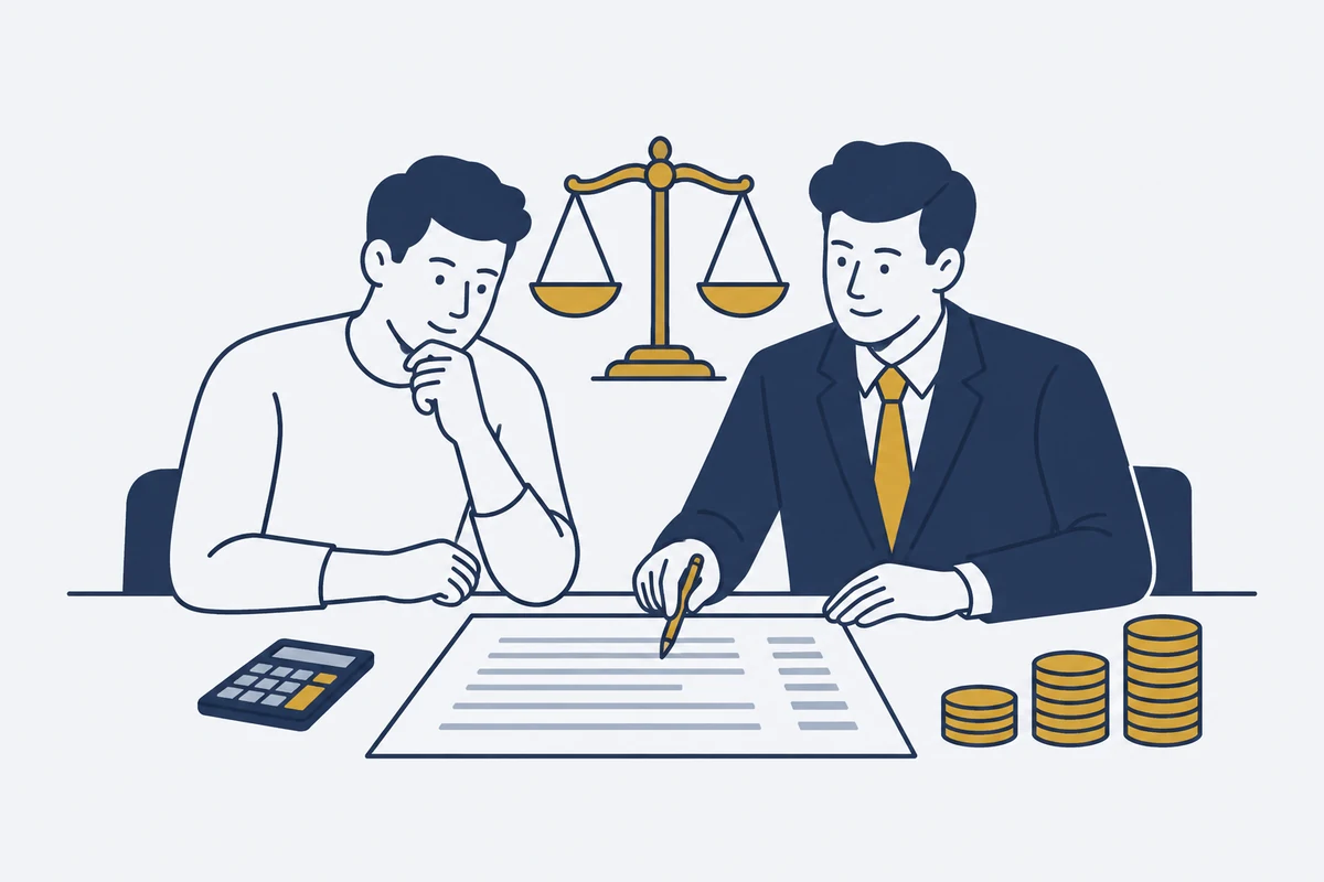 Advocaat en cliënt controleren een financiële berekening met een rekenmachine, munten en weegschaal.