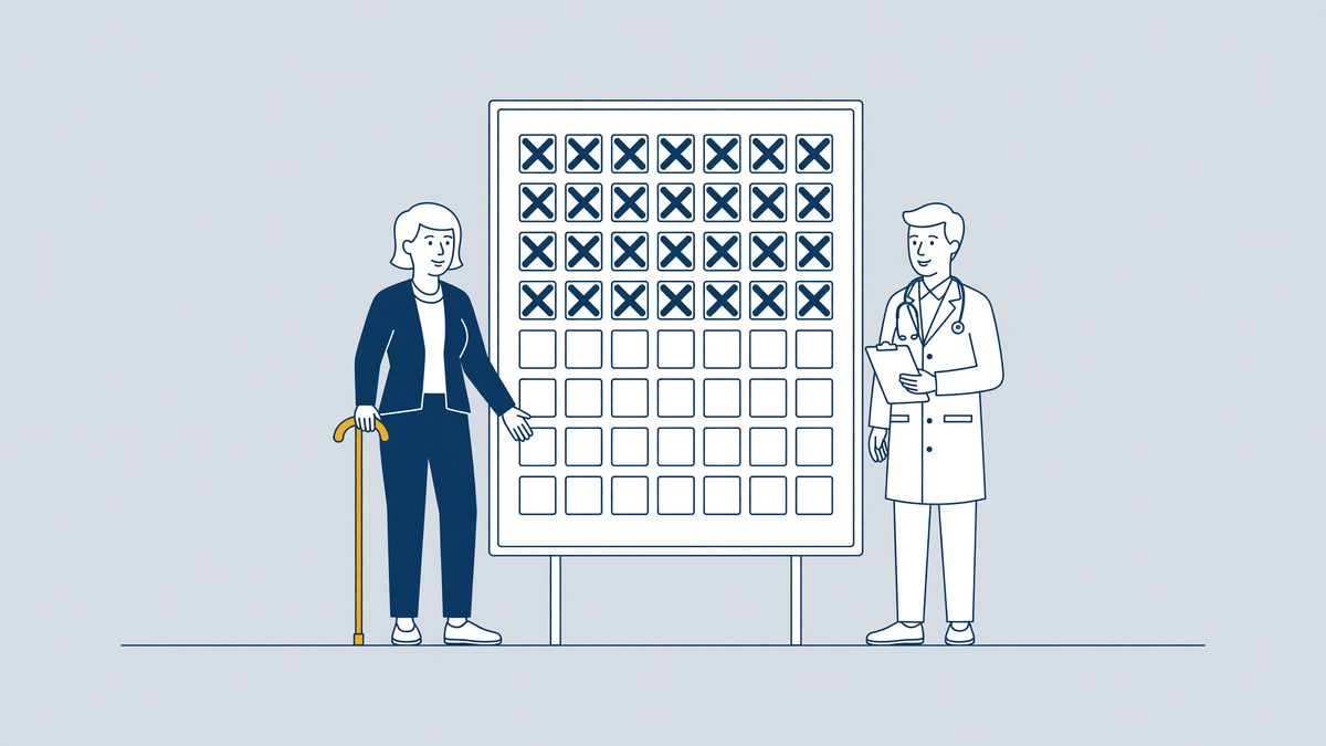 Illustration: an employee with a walking cane next to a board of two years of sick leave and a doctor