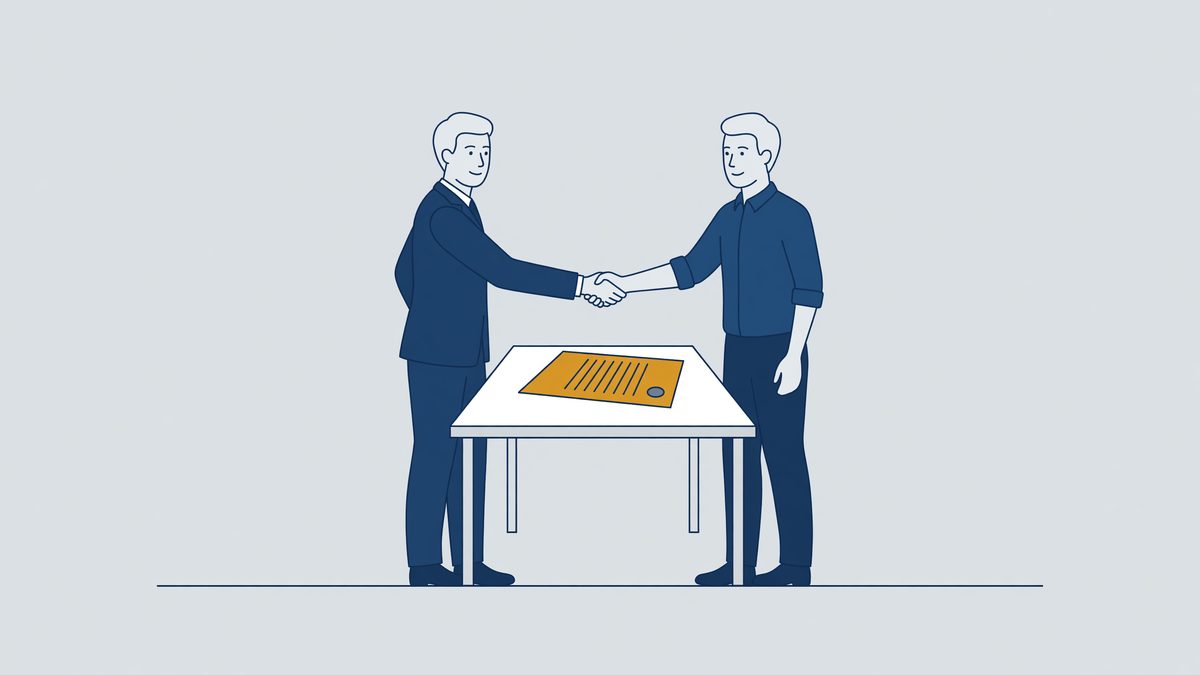 Illustration: employer and employee shake hands over the agreement, dismissal by mutual consent