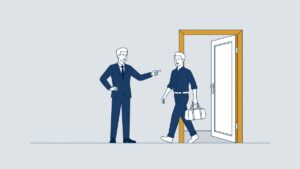 Illustration: a manager shows an employee the door in a summary dismissal