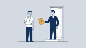 Illustration: a sick employee with an arm sling receives a dismissal letter at the front door, summary dismissal during illness