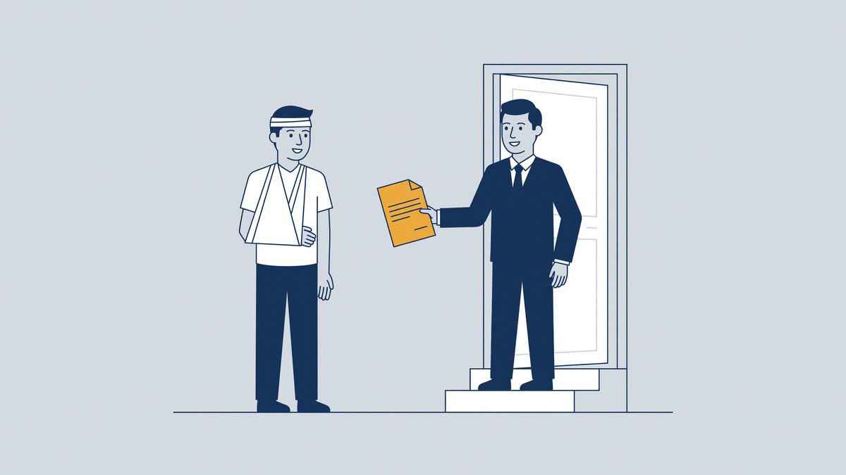 Illustration: a sick employee with an arm sling receives a dismissal letter at the front door, summary dismissal during illness