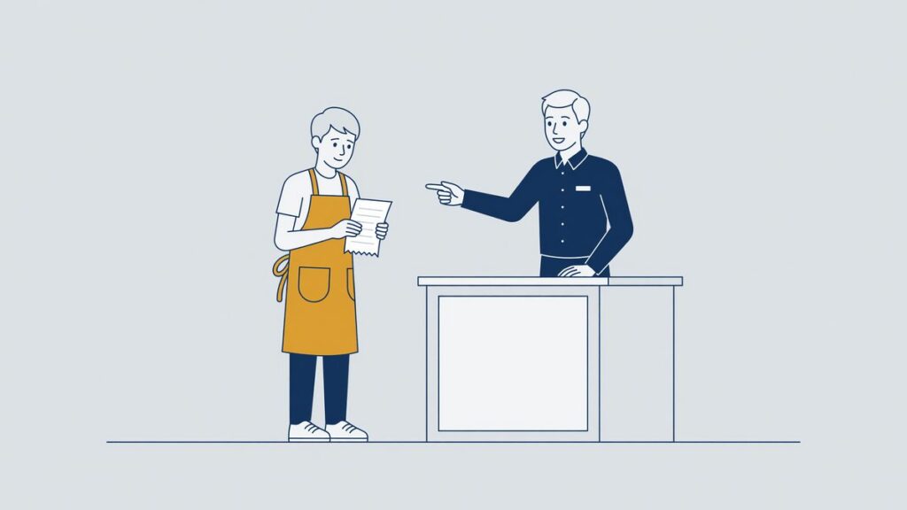 Illustration: a young worker in a cafe apron holding a dismissal note, summary dismissal for young people
