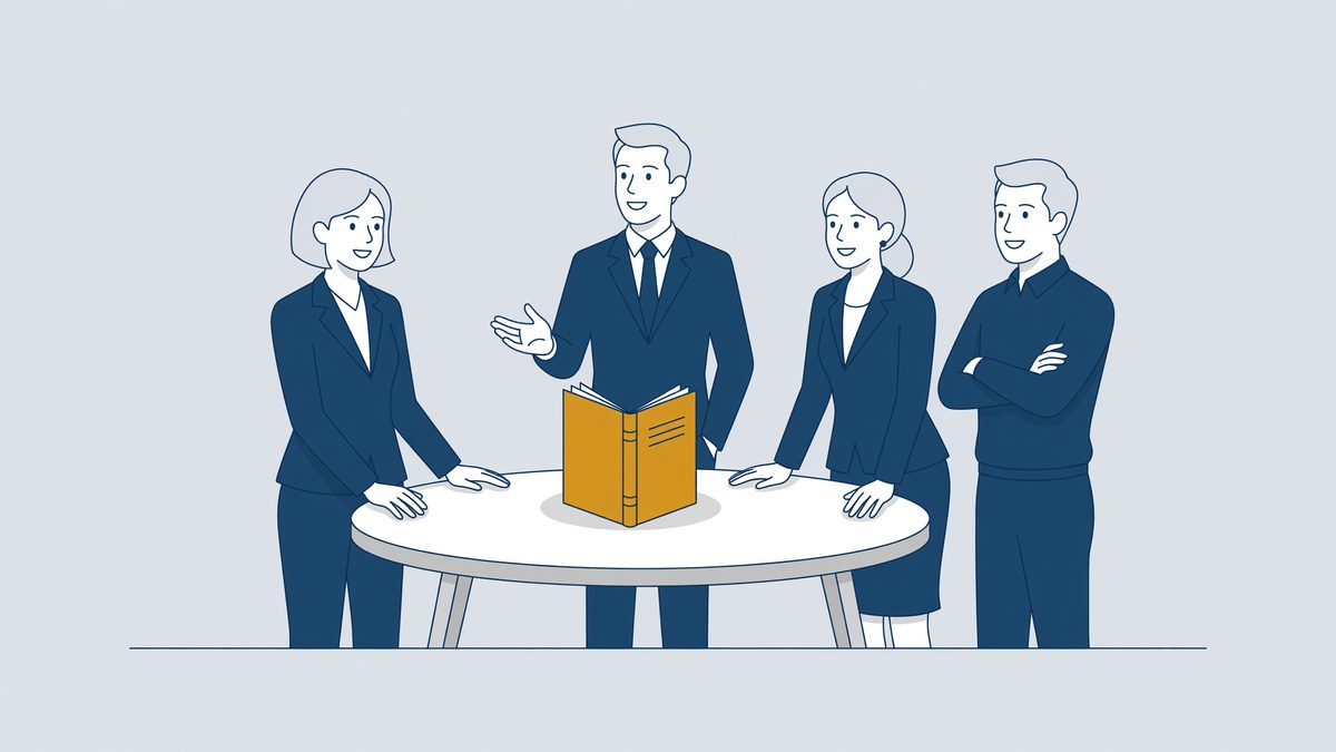 Illustration: the works council around a table with a social plan, dismissal during reorganisation