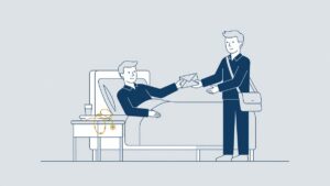 Illustration: a sick employee in bed receives a letter, stethoscope on the bedside table, dismissal during illness