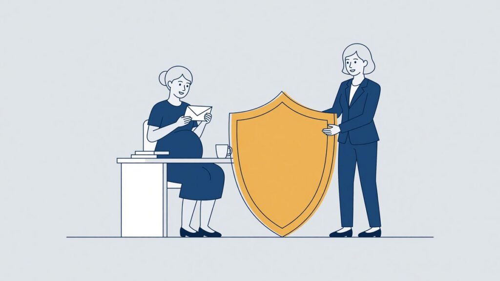 Illustration: a pregnant employee behind a protective shield, the ban on dismissal during pregnancy