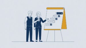 Illustration: a manager and an employee at an improvement plan on a flip chart, dismissal for poor performance