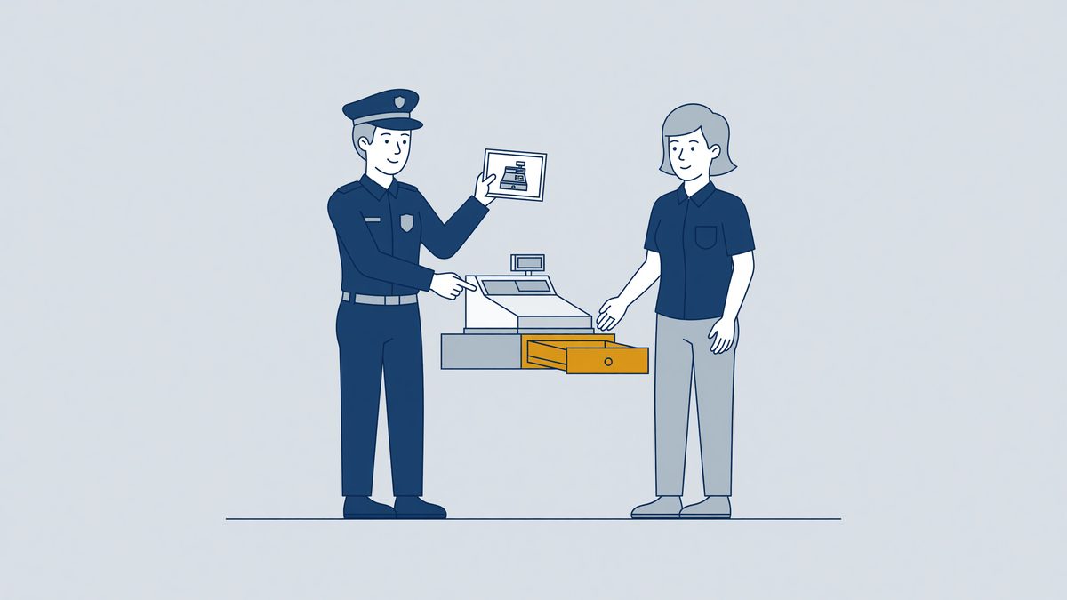Illustration: a security officer with a camera still at an open cash drawer, dismissal for theft or fraud