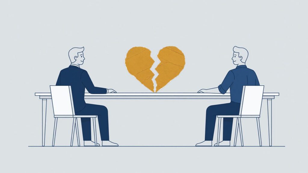 Illustratie: werkgever en werknemer met de rug naar elkaar aan een lange tafel, verstoorde arbeidsrelatie