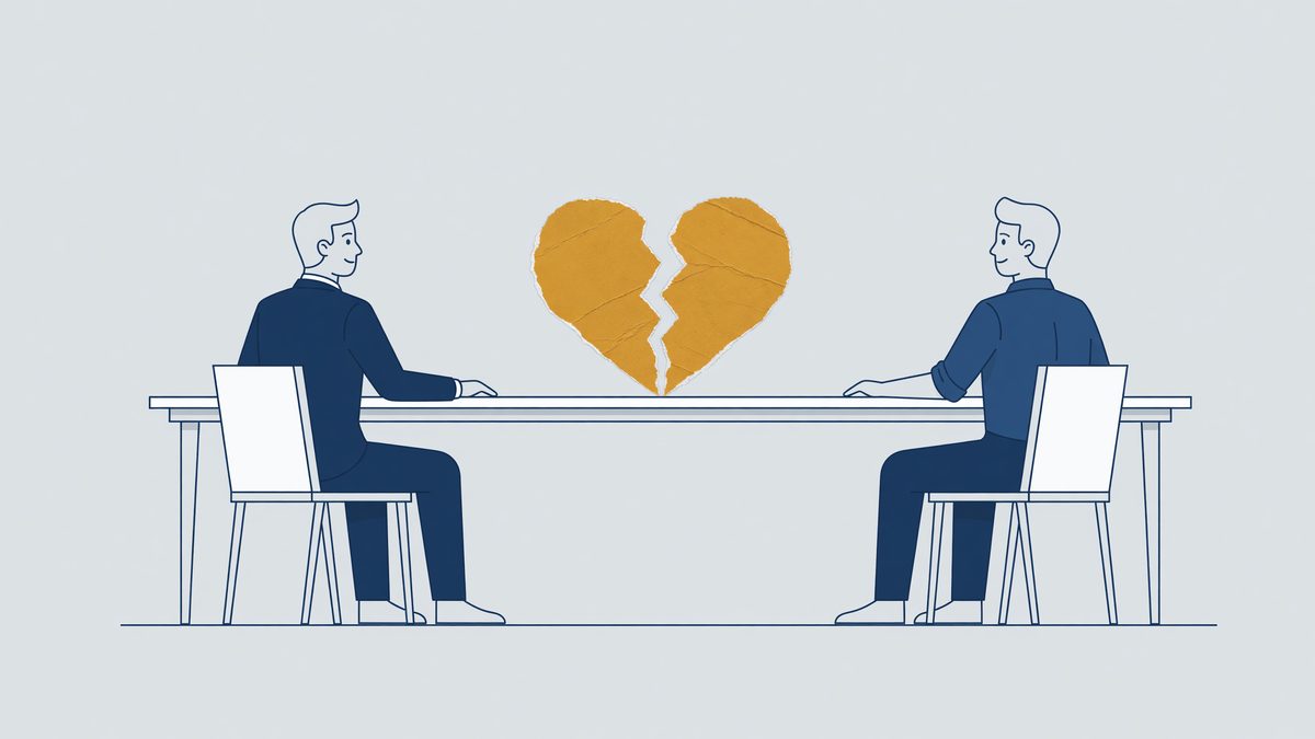 Illustration: employer and employee turned away from each other at a long table, a disrupted working relationship