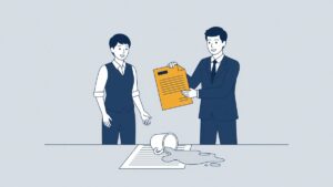 Illustration: a manager shows a written warning, dismissal for culpable conduct