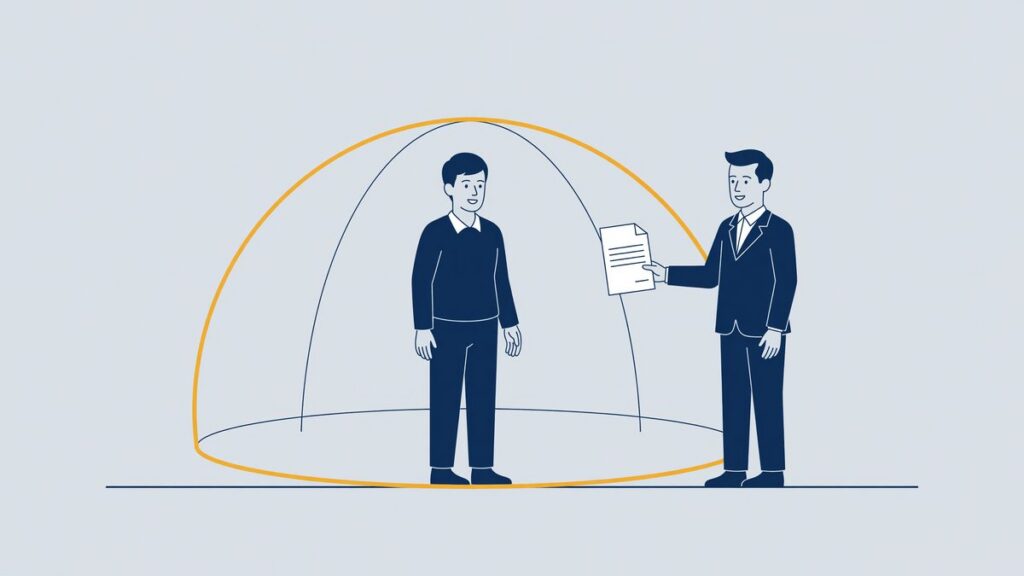 Illustration: an employee under a protective dome against a dismissal letter, dismissal protection