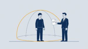 Illustration: an employee under a protective dome against a dismissal letter, dismissal protection