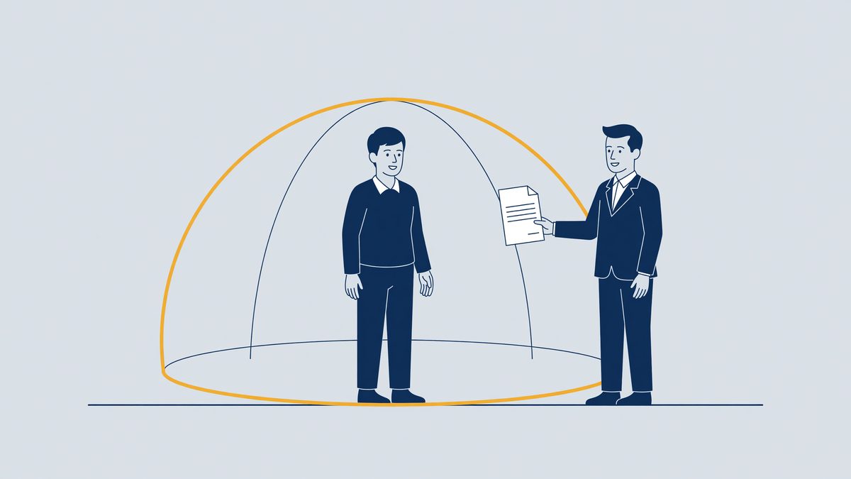 Illustratie: werknemer onder een beschermende koepel tegen een ontslagbrief, ontslagbescherming