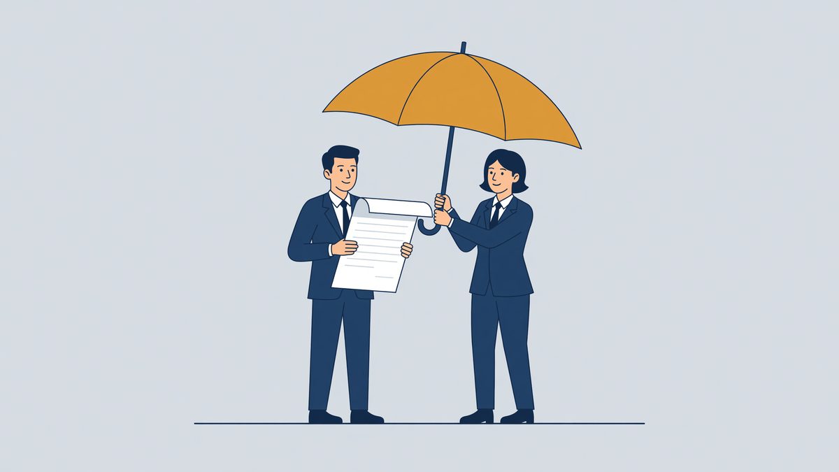 Illustration: a lawyer holds an umbrella over an expat with a contract, dismissal protection for expats