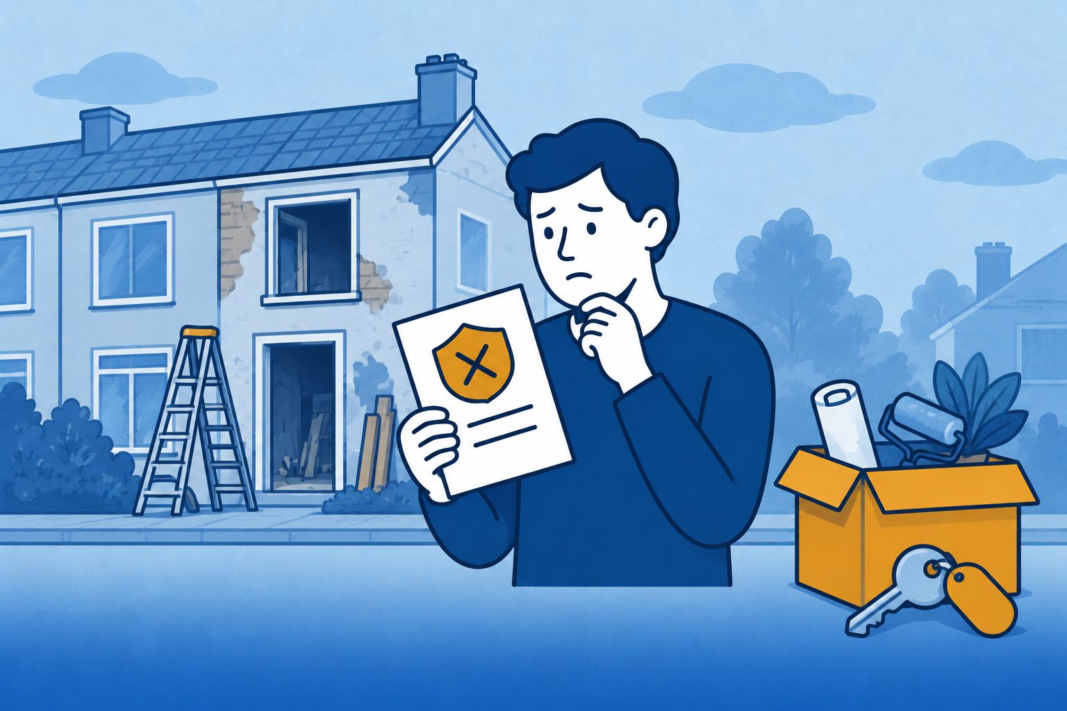 Huiseigenaar bekijkt zijn polis bij een woning in verbouwing met verhuisdoos en sleutels.