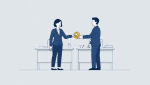 Illustration: an agency worker passes a work badge from one employer to the successive employer