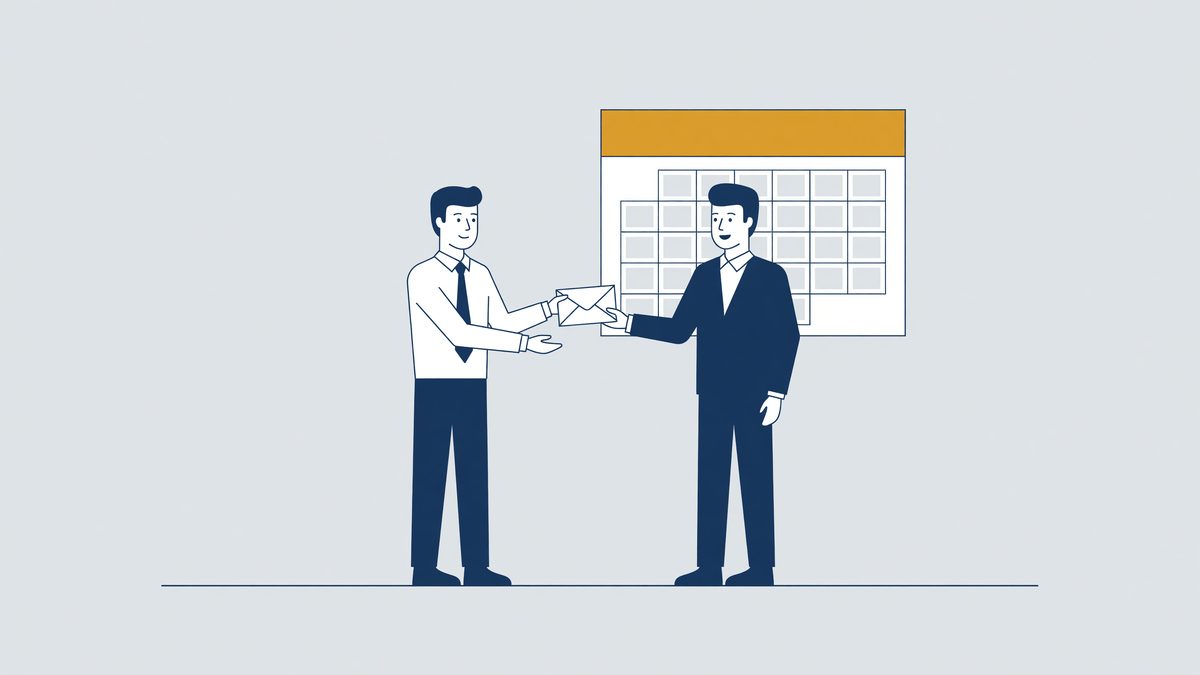 Illustration: an employee hands in a resignation letter, calendar with one month of notice marked