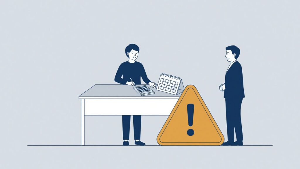 Illustratie: werknemer met rekenmachine en kalender naast een waarschuwingsdriehoek, fouten bij opzegtermijn en transitievergoeding