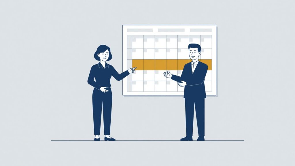 Illustratie: uitzendkracht en intercedent bekijken de opzegtermijn op een kalender