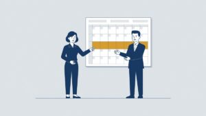 Illustration: an agency worker and a recruiter look at the notice period on a calendar