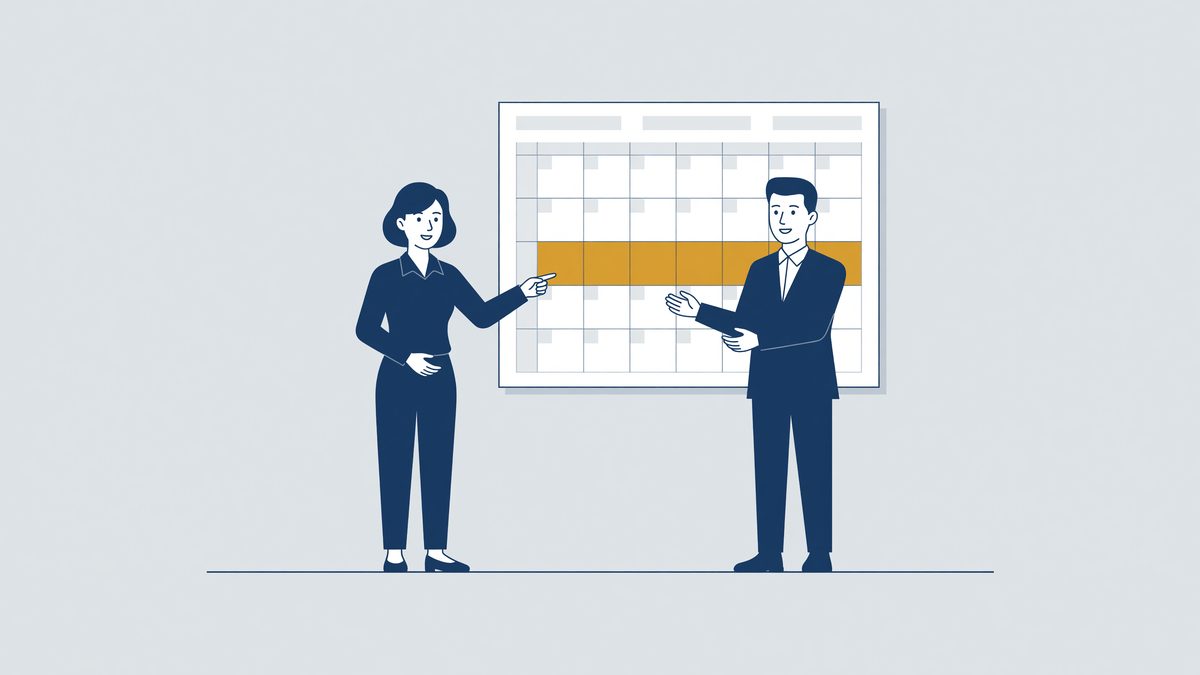 Illustratie: uitzendkracht en intercedent bekijken de opzegtermijn op een kalender
