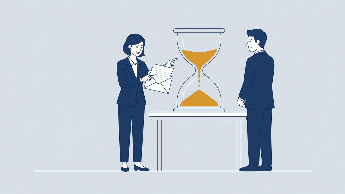 Illustratie: uitzendkracht met zandloper en opzegbrief, de opzegtermijn voor uitzendkrachten