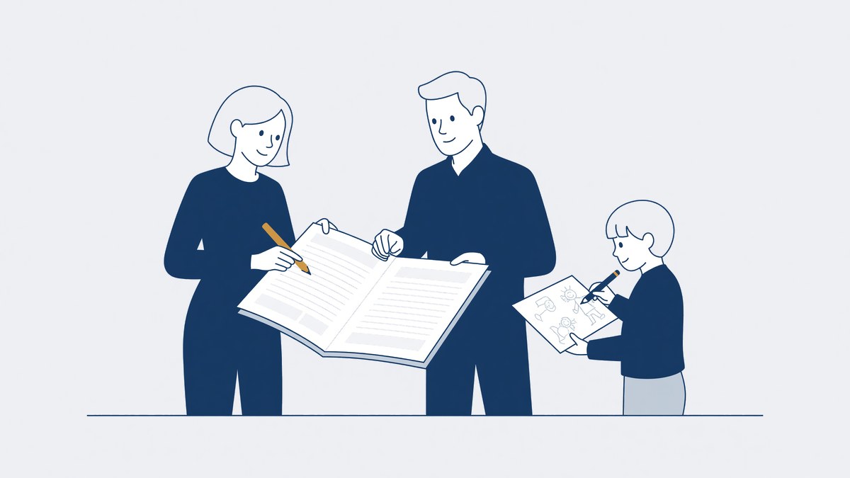 Twee ouders schrijven samen afspraken in een ouderschapsplan, met hun kind erbij