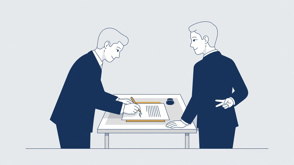Twee mensen aan een tafel met een contract; de een zet een handtekening, de ander houdt achter zijn rug zijn vingers gekruist.