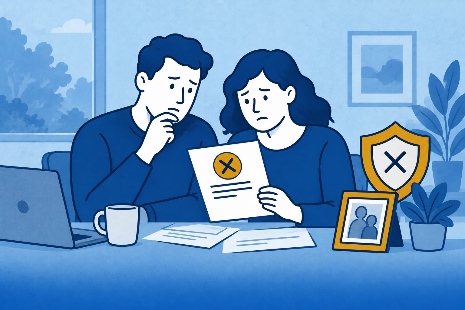 Twee nabestaanden bekijken samen een afwijzingsbrief van een levensverzekering.