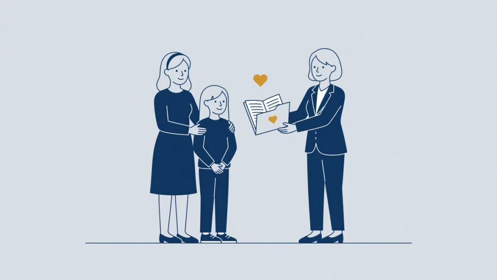 Illustratie: moeder en kind ontvangen van een advocaat uitleg over overlijdensschade