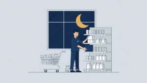 Illustration: a young employee stacks supermarket shelves late in the evening, overtime for young people