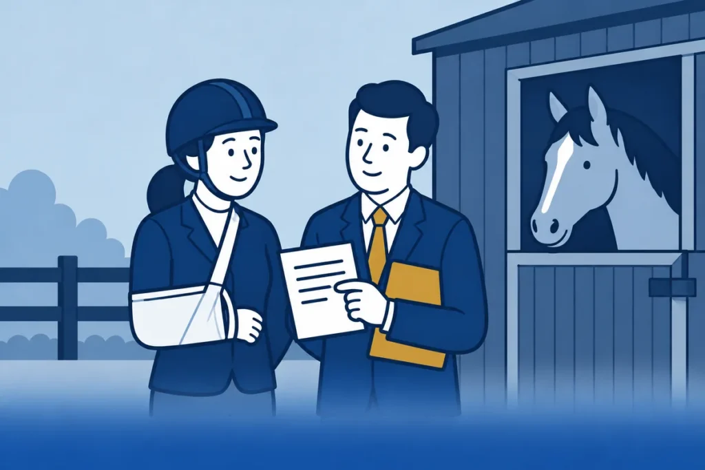 Ruiter met een arm in een draagdoek bij een stal met een paard op de achtergrond.