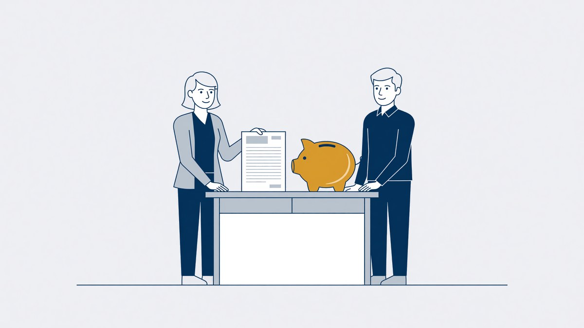 Persoon met een pensioenoverzicht en een spaarpot aan tafel