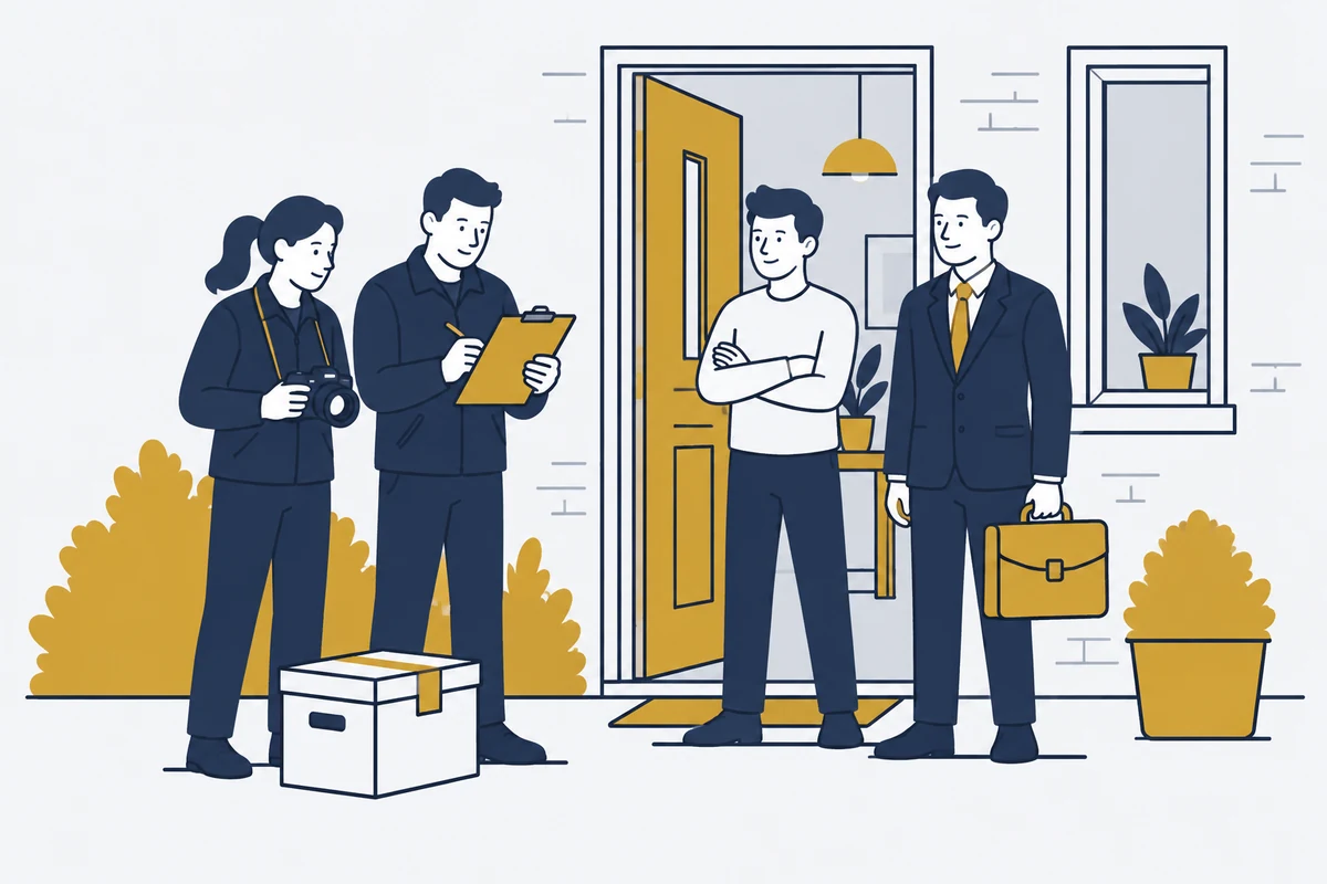 Bewoner en advocaat bij een open voordeur terwijl onderzoekers een inventaris en documentendoos controleren.