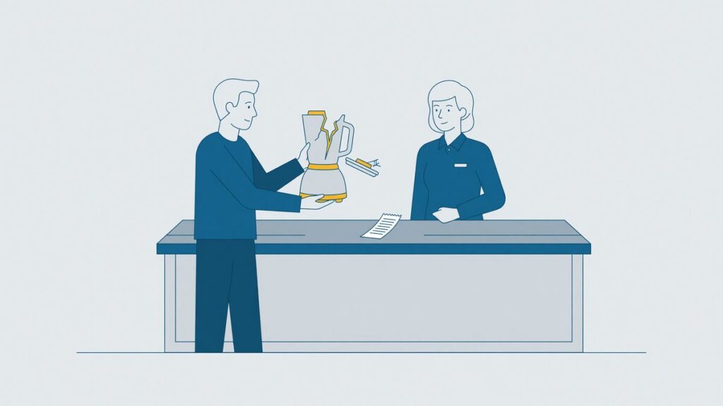 Klant staat aan een winkeltoonbank met een kapot keukenapparaat in de handen, tegenover een winkelmedewerker met een bonnetje op de toonbank.
