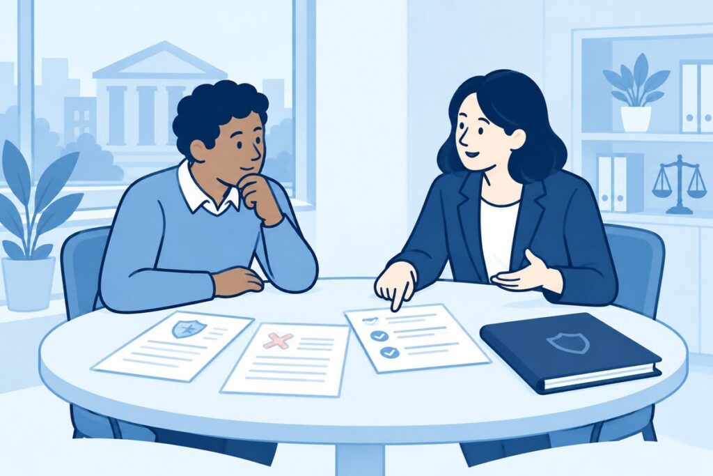 Cliënt bespreekt een afwijzing van de rechtsbijstandsverzekering met een advocaat.