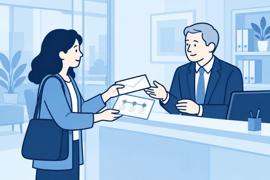 Cliënt bespreekt een klachtbrief en tijdlijn met een advocaat.