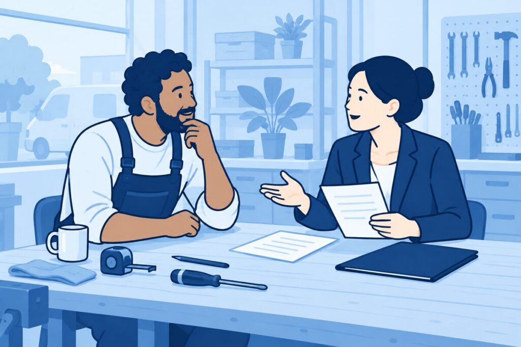 Ondernemer bespreekt rechtsbijstand in een werkplaats met een advocaat.