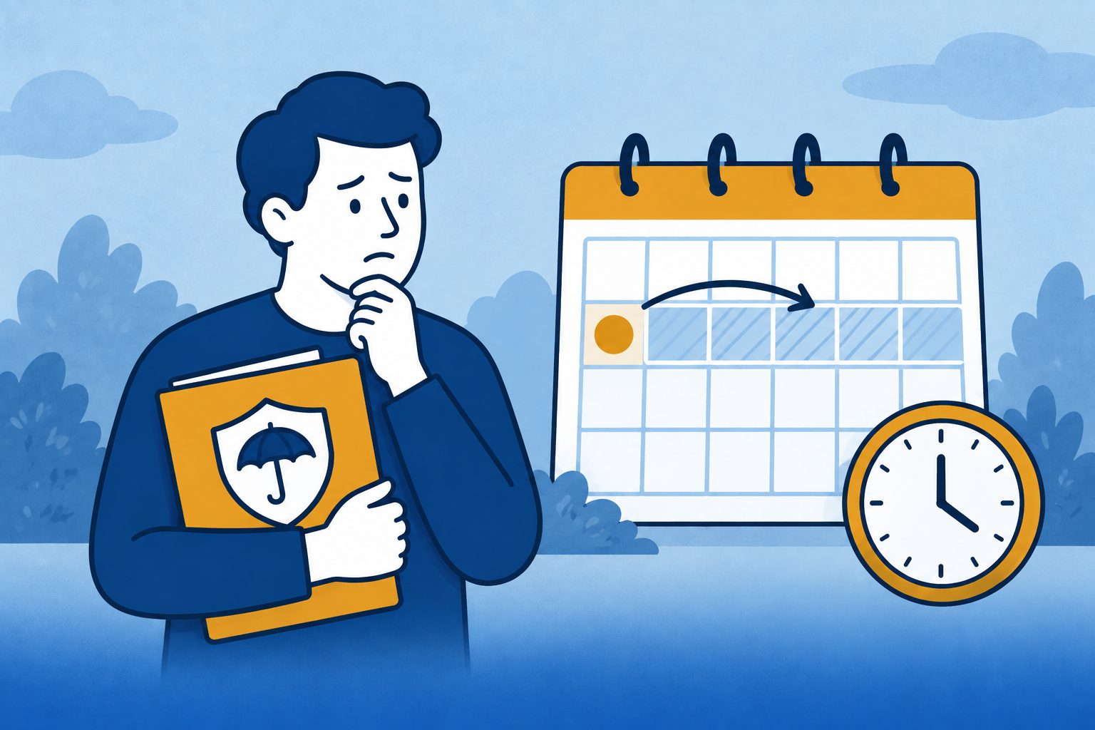 Verzekerde houdt een polis vast naast een kalender met gemarkeerde periode en klok.