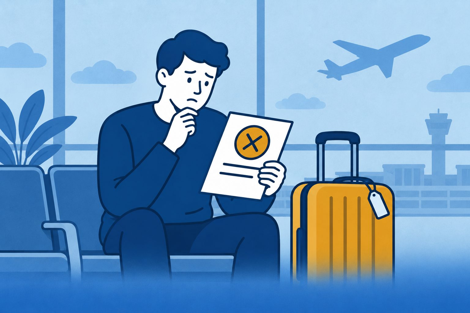 Reiziger met koffer bekijkt een afgewezen claim op een luchthaven.