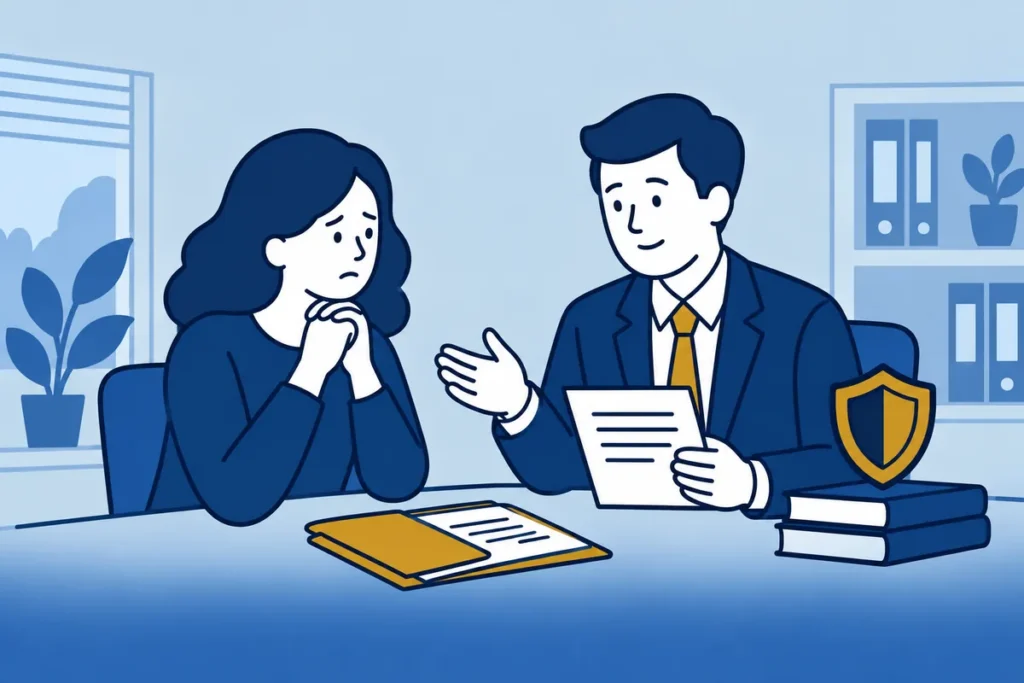 Vrouw bespreekt in een rustige kamer haar situatie met een juridisch adviseur.