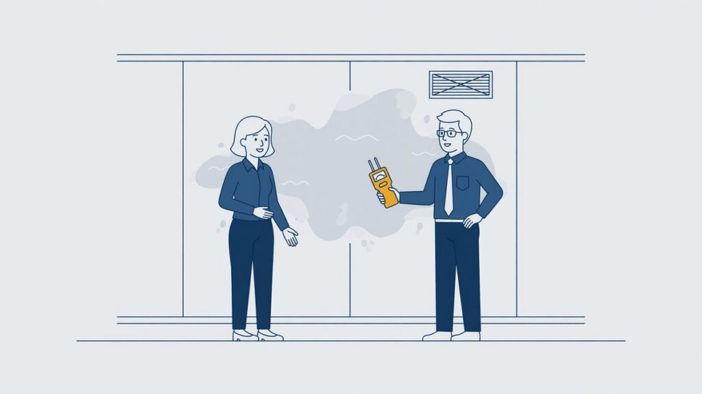 Illustratie: huurder en inspecteur onderzoeken met een vochtmeter een vochtplek op de muur van een huurwoning