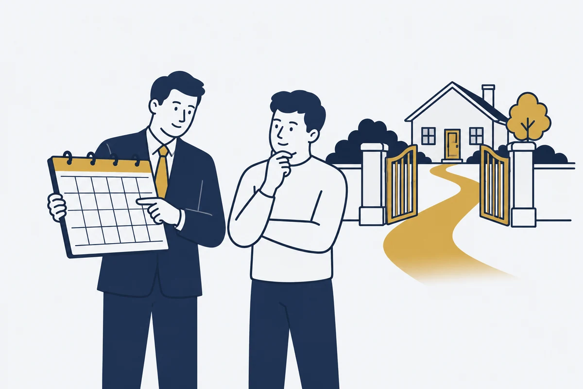 Advocaat en cliënt bekijken een kalender met een open poort en woning als symbool voor schorsing onder voorwaarden.