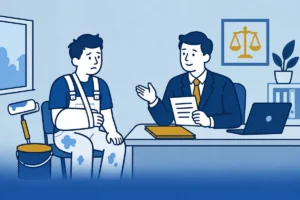 Schilder met een arm in een draagdoek bespreekt zijn situatie met een adviseur.
