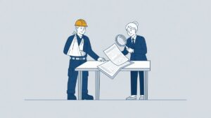 Illustratie: bouwvakker na een bedrijfsongeval en advocaat die een medisch rapport opnieuw beoordeelt