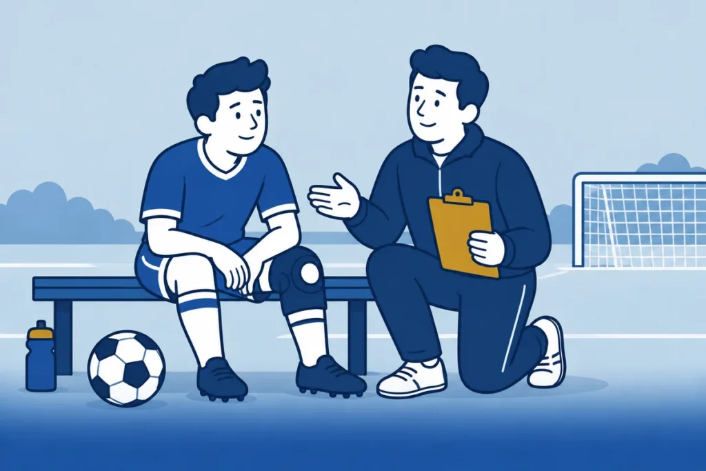 Voetballer met kniebrace in gesprek met een begeleider aan de rand van het veld.